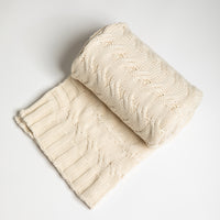 Cream-colored knitted blanket on a light gray background