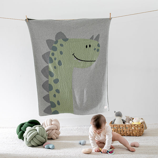 Gray blanket with a green dinosaur design hanging on a line, with a child playing below next to three knot cushions.
