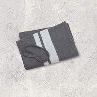 Gray eye mask and folded blanket with light grey stripes on a light gray textured surface.