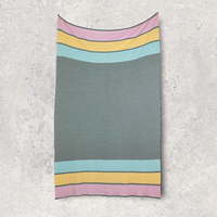 Stretched travel blanket with colorful stripes on a textured gray background.