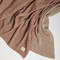 Pink and brown ribbed knit throw blanket spread out on a a white background.