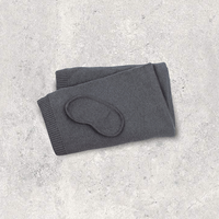 Dark organic cotton gray eye mask and folded gray blanket on a light textured surface.