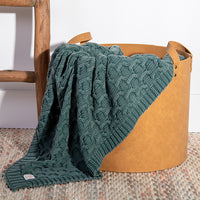 Green knitted textured cotton blanket draped over a brown basket on a textured mat.