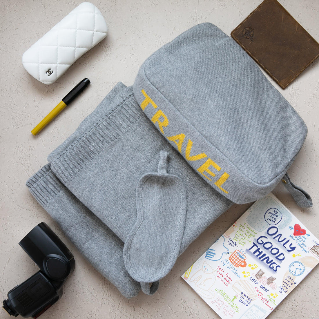 Words Travel Organic Cotton Travel Blanket and Eye Mask Set - Lt Grey Mel/Yellow