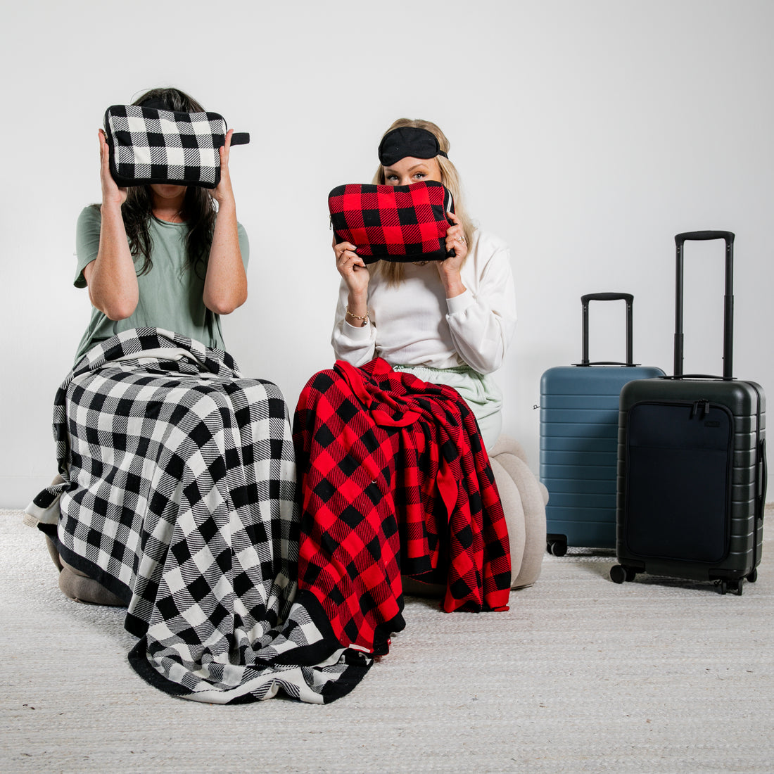 Plaid Organic Cotton Travel Blanket and Eye Mask Set