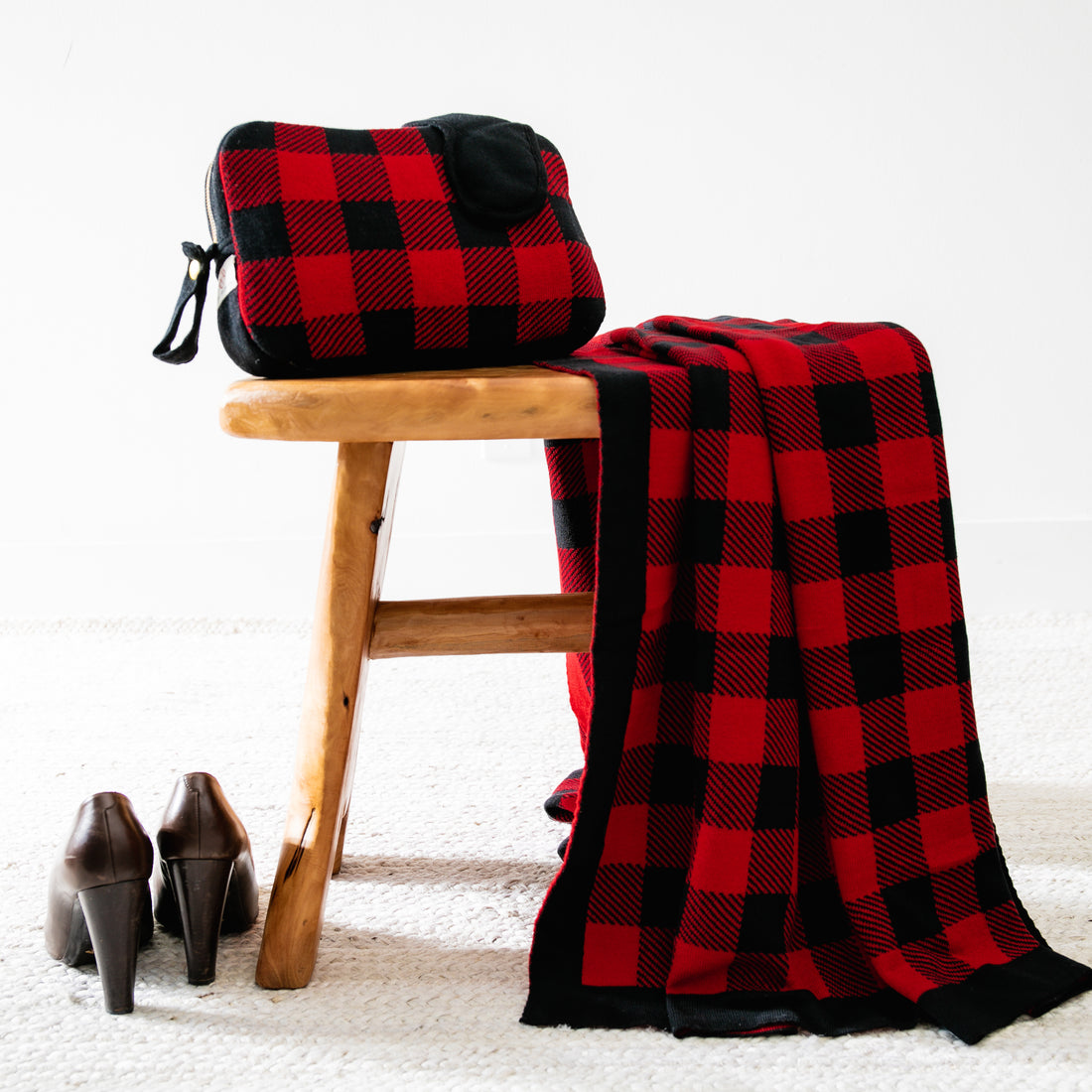 Plaid Organic Cotton Travel Blanket and Eye Mask Set