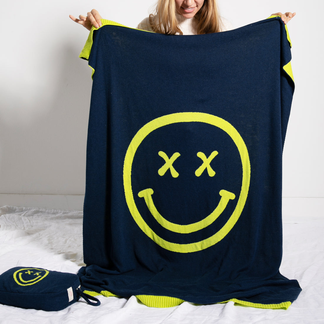Smiley Cross Eyed Organic Cotton Travel Blanket and Eye Mask Set