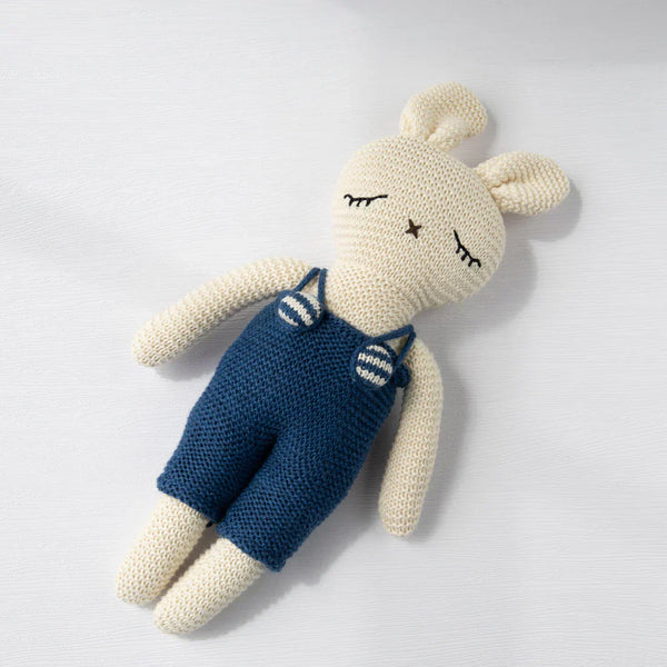 Blue Bunny Jumpsuit Toy from Pink Lemonade, a soft plush bunny toy designed for baby cuddles and Easter gifting.