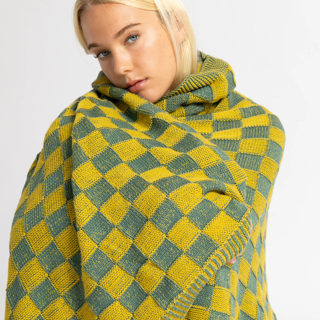 Checkered Green Organic Cotton Knit Throw Blanket