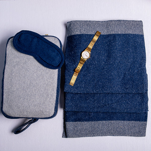 Reversible Solid Organic Cotton Travel Blanket and Eye Mask Set - Linen/Black