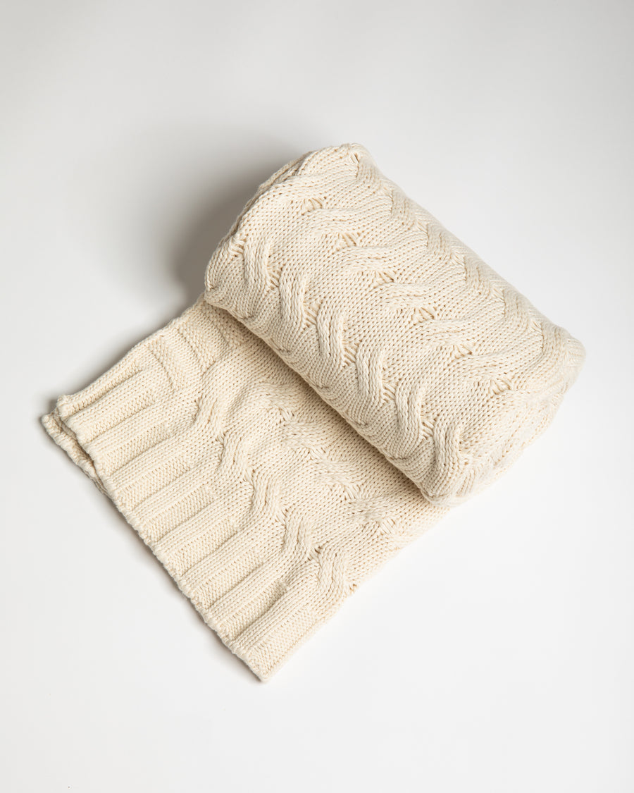 Cream-colored knitted blanket on a light gray background