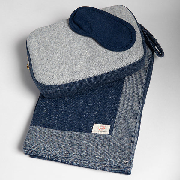 Reversible Solid Organic Cotton Travel Blanket and Eye Mask Set - Linen/Black