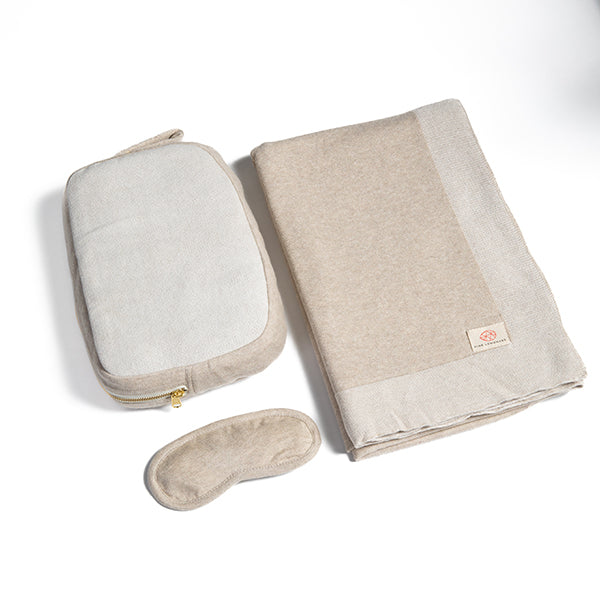 Reversible Solid Organic Cotton Travel Blanket and Eye Mask Set - Linen/Black