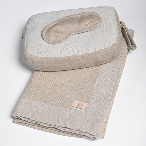 Reversible Solid Organic Cotton Travel Blanket and Eye Mask Set - Linen/Black
