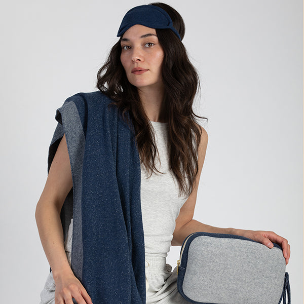 Reversible Solid Organic Cotton Travel Blanket and Eye Mask Set - Linen/Black