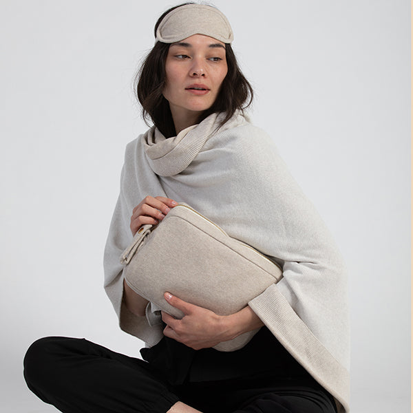 Reversible Solid Organic Cotton Travel Blanket and Eye Mask Set - Linen/Black