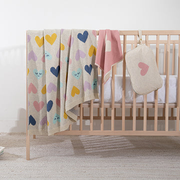 Smiley Hearts Organic Cotton Baby Blanket and Burp Cloth Set