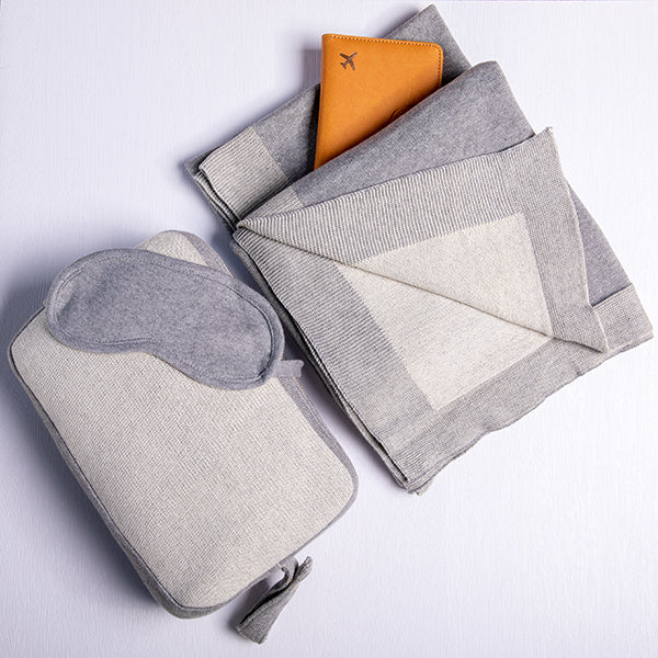 Reversible Solid Organic Cotton Travel Blanket and Eye Mask Set - Linen/Black