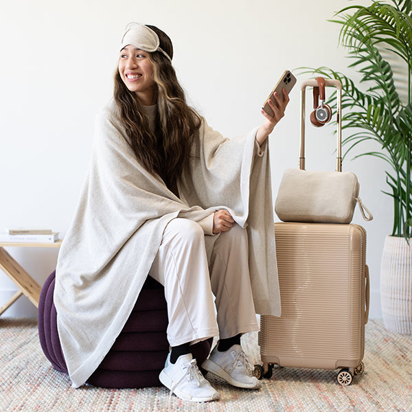 Reversible Solid Organic Cotton Travel Blanket and Eye Mask Set - Linen/Black
