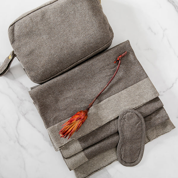 Reversible Solid Organic Cotton Travel Blanket and Eye Mask Set - Linen/Black