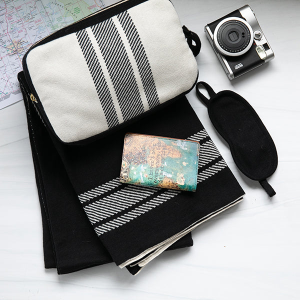 Stripe Organic Cotton Travel Blanket and Eye Mask Set