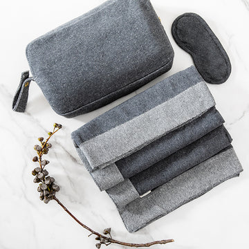 Reversible Solid Organic Cotton Travel Blanket and Eye Mask Set - Linen/Black