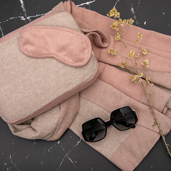 Reversible Solid Organic Cotton Travel Blanket and Eye Mask Set - Linen/Black
