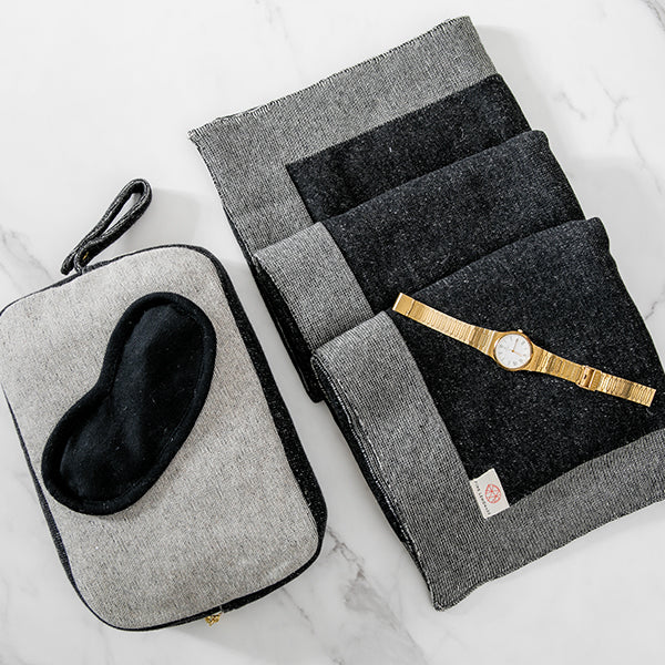Reversible Solid Organic Cotton Travel Blanket and Eye Mask Set - Linen/Black