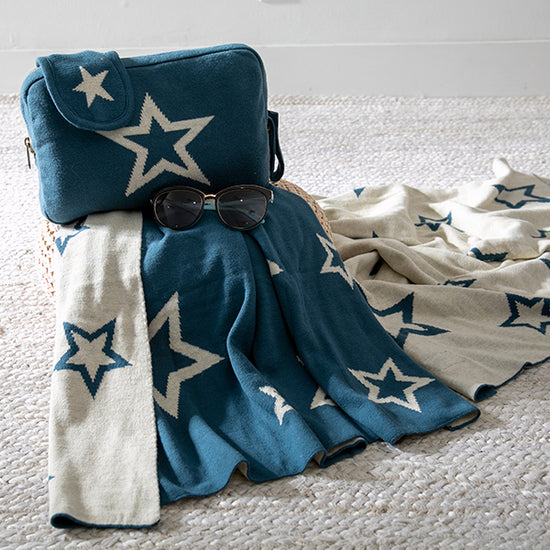 Star Shine Organic Cotton Travel Blanket and Eye Mask Set with matching carrying pouch for travel, flights, and relaxation