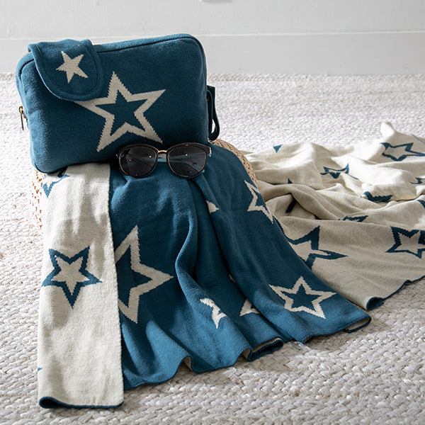 Star Shine Organic Cotton Travel Blanket and Eye Mask Set - Steel Blue/Linen