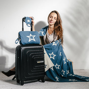 Star Shine Organic Cotton Travel Blanket and Eye Mask Set - Steel Blue/Linen