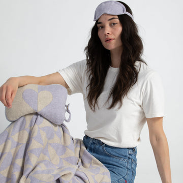 Amore Travel Blanket Set in Lavender and Linen. This dual heart set includes a reversible travel blanket and an eye masked, packed within a pouch.