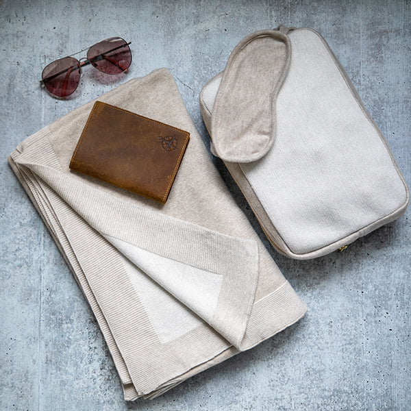 Reversible Solid Organic Cotton Travel Blanket and Eye Mask Set - Linen/Black