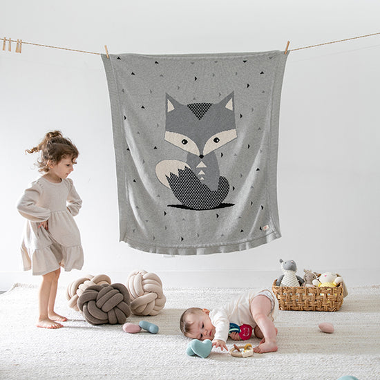 Foxy Organic Cotton Baby Blanket soft breathable organic cotton knit blanket with playful fox design for cozy baby snuggles and nursery comfort