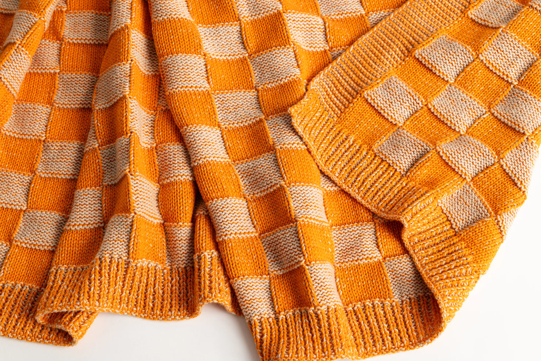Checkered Orange Organic Cotton Knit Throw Blanket