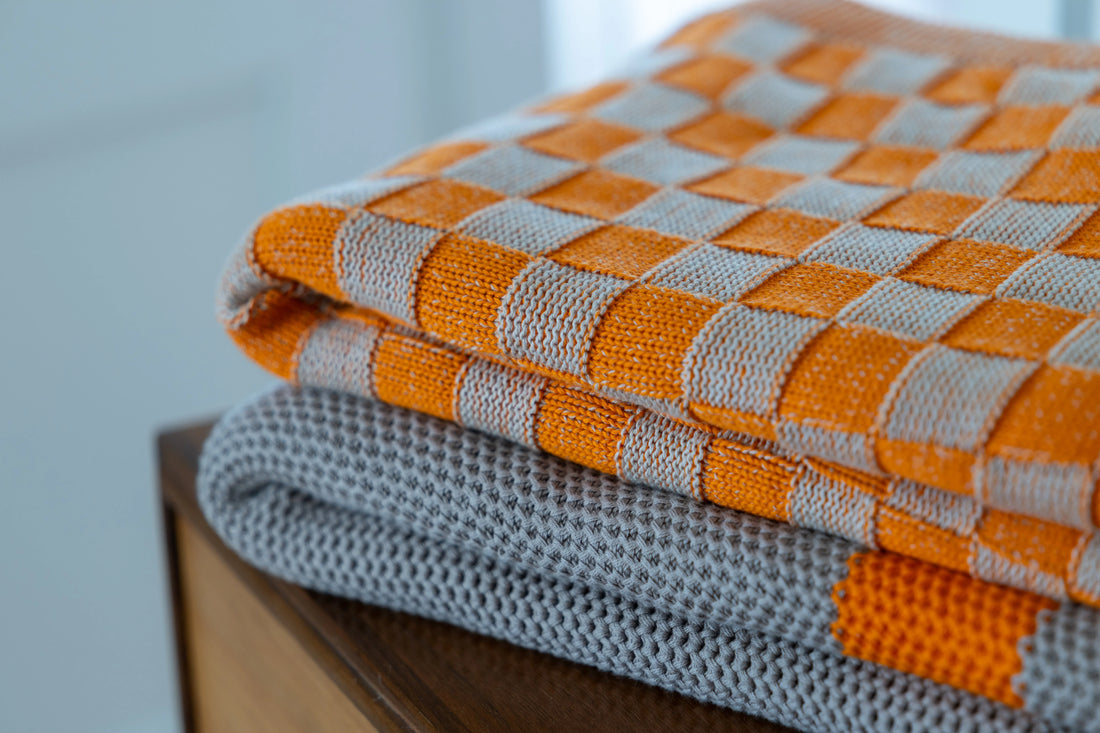 Checkered Orange Organic Cotton Knit Throw Blanket