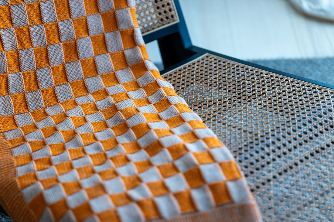 Checkered Orange Organic Cotton Knit Throw Blanket
