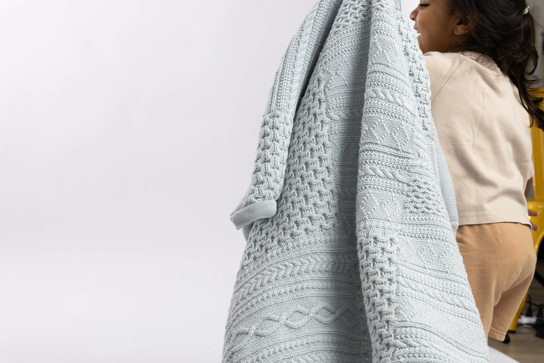 Patchwork Sherpa Dusty Blue Organic Cotton Baby Blanket