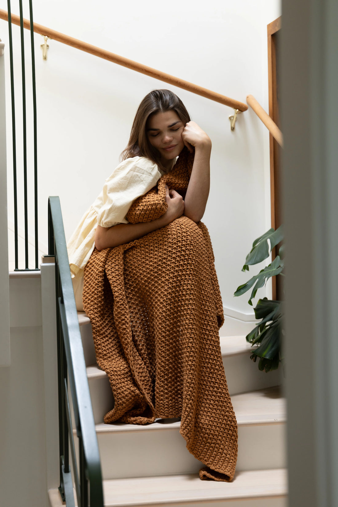 Moss Chunky Rust Organic Cotton Knit Throw Blanket