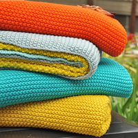 Stack of colorful chunky cotton throw in orange, yellow, blue, and white on a surface with a blurred natural background.
