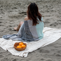 Person sitting on a sandy beach with a mint blue and grey textured blanket and a basket of oranges.