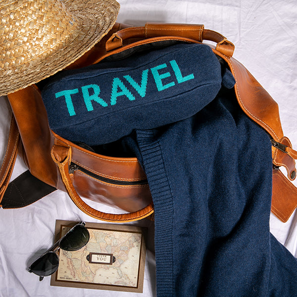 Words Travel Organic Cotton Travel Blanket and Eye Mask Set - Navy/Tiffany