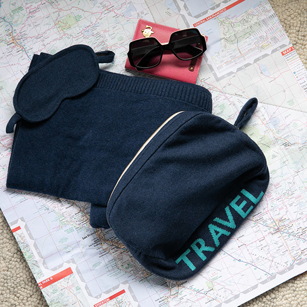 Words Travel Organic Cotton Travel Blanket and Eye Mask Set - Navy/Tiffany